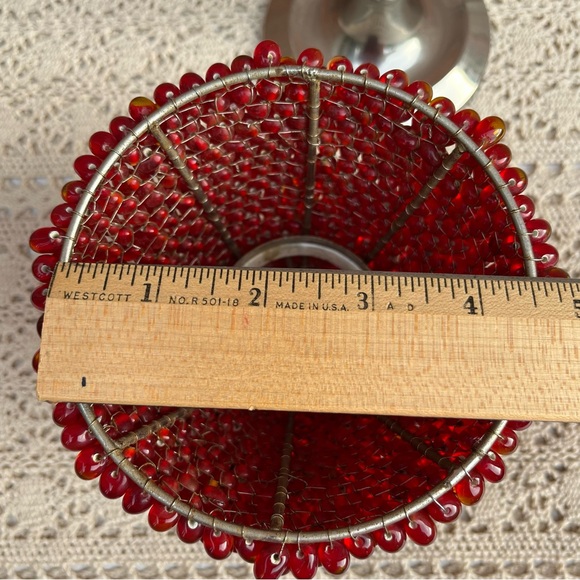 Tea Light Candle Lamp With Red Beaded Shade Silver Tone Metal Base - Picture 8 of 12